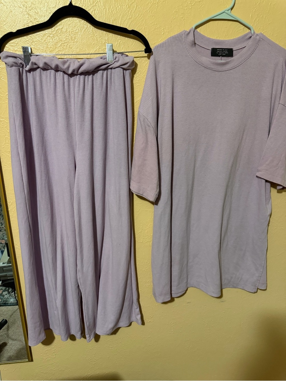 Lala Lavender Ribbed Loungewear Set - Top & Wide Leg Pants